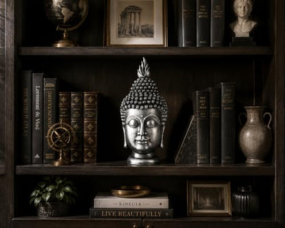 11 Inch Metallic Silver Buddha Head Statue - color: Metallic Silver