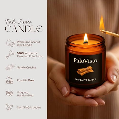 Palo Santo | Natural Coconut Wax Candle | Authentic Peruvian Palo Santo | Paraffin-Free | Crackling Wood | Handcrafted Gift | Luxury Aromatherapy for Home & Wellness | 8 oz | 60-Hour Burn
