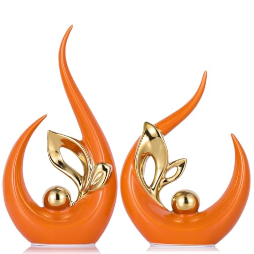 XMGZQ Burnt Orange Gold Ceramic Statues for Home Décor Accents,Abstract Art Mid Century Modern Decor,Elegante Centerpiece Table Decorations,Sculpture for Entryway,Shelf,Tv Stand,Mantel,Coffee Table - color: Orange