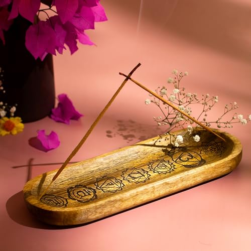 Hand Carved Incense Holder-Incense Burner/Ash Catcher/Handmade Wooden Insence Tray – Modern Gift Home/Room/Kitchen Décor Size 11x4x1.5 Inches - style: SEVEN CHAKRA BROWN
