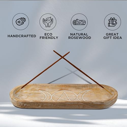 Hand Carved Incense Holder-Incense Burner/Ash Catcher/Handmade Wooden Insence Tray – Modern Gift Home/Room/Kitchen Décor Size 11x4x1.5 Inches - style: SUN MOON WHITE