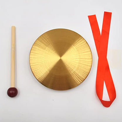 5.9'' Gold Brass Round Gong Home Decoration, Wall Hanging Decoration with Handheld Acoustic Instrument And Hammer