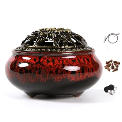 Incense Burner with Calabash Incense Stick Holder - Porcelain Charcoal Censer for Use with Resin Granular Powder Cone or Coil Incense (Fambe Red) - color: Fambe Red