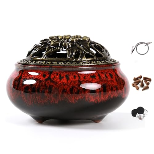 Incense Burner with Calabash Incense Stick Holder - Porcelain Charcoal Censer for Use with Resin Granular Powder Cone or Coil Incense (Fambe Red) - color: Fambe Red