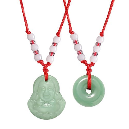 FORUBUS Green Jade Buddha Circle Red String Pendant Necklace - Chinese Traditional Amulet for Luck and Protection - color: A light green buddha+circle
