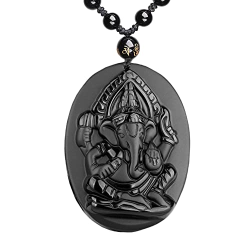 ASGIFT Black Obsidian Necklace Lucky Amulet Protection Pendant with Extended Bead Chain Healing Crystal Stone Talisman Necklaces Jewelry - color: Ganesha-B
