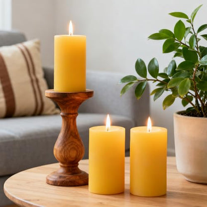 3 inch Thick Natural Yellow Beeswax Pillar Candles, 6 inch Tall - 3 Pack - size: 3x6 inch