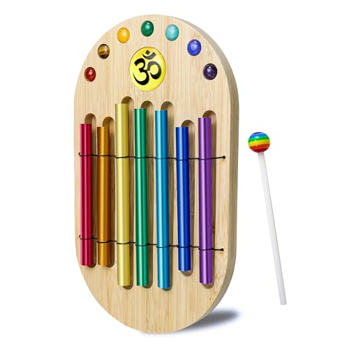 7 Chakra Chime for Meditation, Sound Instrument with Colorful Stones and OM Symbol, Mindfulness Chime for Yoga Practice, Meditation Room Decor, Spiritual Gift for Adults