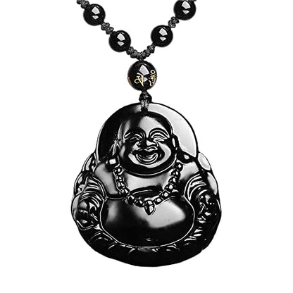 ASGIFT Black Obsidian Necklace Lucky Amulet Protection Pendant with Extended Bead Chain Healing Crystal Stone Talisman Necklaces Jewelry - color: MaitreyaD