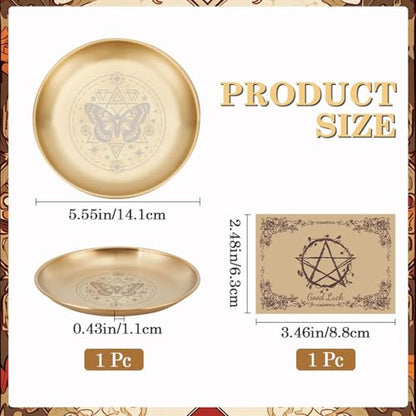 CREATCABIN Butterfly Altar Ritual Plate Dish Stainless Steel Bowl Round Golden Tarot Offering Bowl Dish Candle Holder Witchy Crystals Jewelry Tray for Incense Burner Dowsing Divination 5.55Inch - style: Golden Butterfly