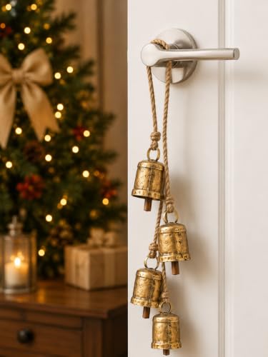 TA DIZAYN Handmade Decorative Bells, Gold Finish, Jute Rope, Rustic Style, Wall Hanging Decor, Door Knob, Wiccan Gifts for Home Wall Door