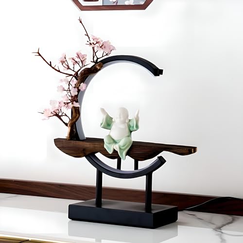 Houlu Fat Green Laughing Buddha Statue for Home Decor, Indoor Ceramic Good Luck Happy Buddha Statue with Artificial Tree and LED Circle Table Lamp