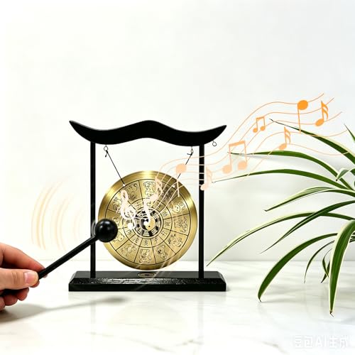 Chinese Gong Desktop,Twelve Chinese Zodiac Signs Zen Art Decor,Copper Gong with Wood Stand for Asian Decor,Meditation Sound Tool,Desk Display Office Home Blessing Gift (Chinese Zodiac)