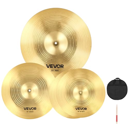 VEVOR Cymbal Pack, 3 Pieces Cymbals for Drum Set, Alloy Cymbals Drum Set Includes 14-inch Hi-Hats, 16-inch Crash, 20-inch Ride, Drumsticks & Cymbal Bag, Alloy Cymbal Pack for Drummer, Bright Copper - size: 14"/16/"/20"-4PCs
