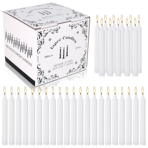 100 Pack White Taper Candles 4 Inch, Small Dinner Candles Dripless Unscented, Premium Wax with Cotton Wick, Long Burning for Wedding, Party, Home & Church Decor - color: 4"100pcs-White