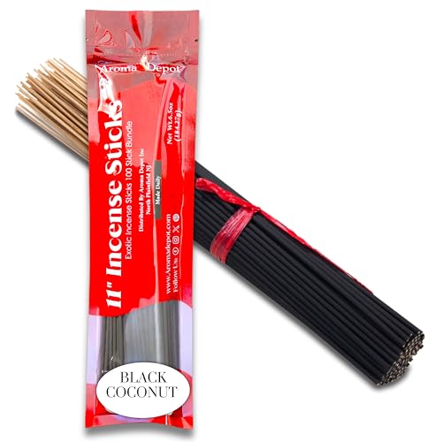Black Coconut Most Exotic 11'' Incense Sticks. Approx. 85 to 100 Sticks Per Bundle, Each Natural Stick Burns for 45 mins to 1 Hour Each. Long Lasting. Guarantee 100% Pure