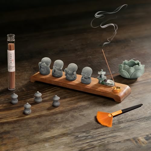 Laughing Buddha Statue Zen Set 4 Pcs with Wood Base, Lotus Incense Burner, Copper Incense Holder, Incense Sticks & Cleaning Brush All in One Feng Shui Decor for Home, Meditation, Desk & Spiritual Gift - color: Mini Monk Buddha Statue Set