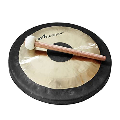 Arborea Sound Healing and Therapy Mini Gong 12" with Stand and Mallet Bronze Alloy Hand Hammered Chinese Small Table Chau Gong Home or Office - size: 12" Chau Gong