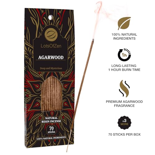 LOTS OF ZEN Agarwood Incense Sticks, Natural Oud Wood, 70 Count - color: Agarwood
