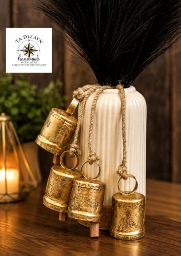 TA DIZAYN Handmade Decorative Bells, Gold Finish, Jute Rope, Rustic Style, Wall Hanging Decor, Door Knob, Wiccan Gifts for Home Wall Door