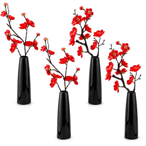 Suncalla 4 Pack Red Plum Blossom Silk Flowers with Pot, Tall Vase - style: Tall Vase