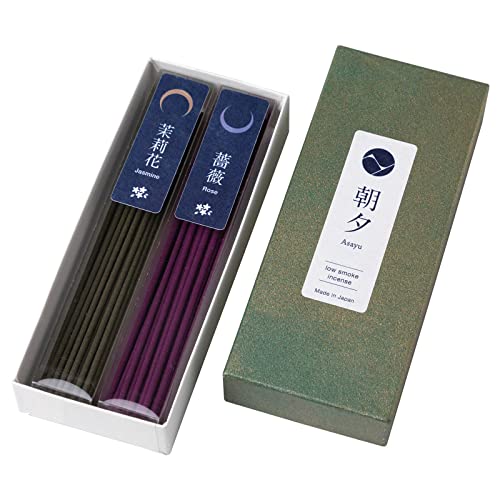 Asayu Japan Low Smoke Incense Sticks - Floral Set (Jasmine + Rose), 40gr (Each Scent 20g), for Yoga, Zen Meditation and Relaxation - Smokeless for Less Irritation