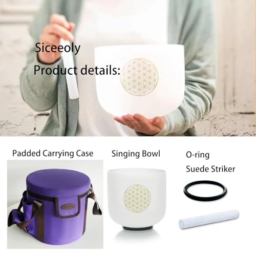 8" C Note 432HZ Flower of Life Crystal Singing Bowl Frosted Quartz Root Base Chakra Meditation Sound Healing with Durable Carrying Case Suede Striker O-ring - color: Life Flower, size: 8 inch