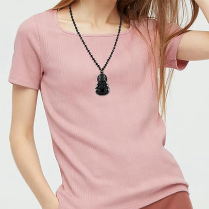 ASGIFT Black Obsidian Necklace Lucky Amulet Protection Pendant with Extended Bead Chain Healing Crystal Stone Talisman Necklaces Jewelry - color: GuanYin