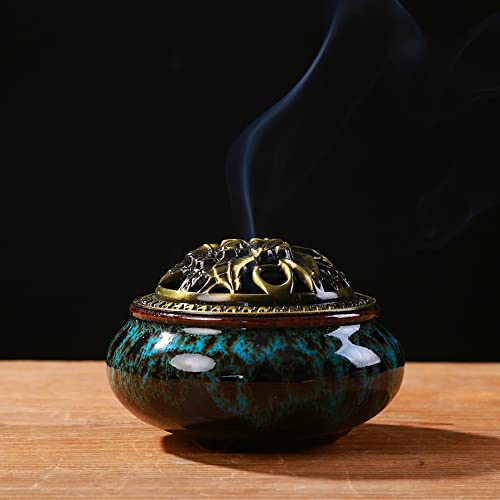 Censer Sky Blue Incense Burner with Calabash Incense Stick Holder - Porcelain Charcoal Censer for Use with Resin Granular Powder Cone or Coil Incense (Blue Fambe) - color: Blue Fambe