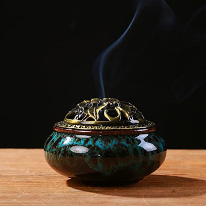 Censer Sky Blue Incense Burner with Calabash Incense Stick Holder - Porcelain Charcoal Censer for Use with Resin Granular Powder Cone or Coil Incense (Blue Fambe) - color: Blue Fambe