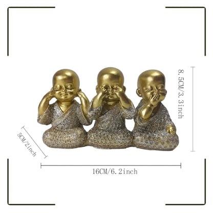 Golden Monks Resin Buddha Statue Small, Meditation Room Feng Shui Decor - color: Golden Three Wise Buddha Statue