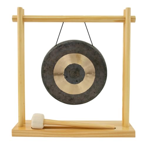 My Little Pagoda 8" to 10" Gong Stand - Includes Stand, Mallet, & Your Choice of Gong - Perfect for Desktop, Sound Healing & Meditation - Bronze Gong on Wooden Stand