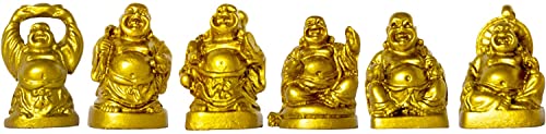 Set of 6 Mini Laughing Happy Buddha Statue Resin Figurines Feng Shui for Luck Wealth Good Gift and Collection (1'', Gold) - color: Gold, style: 1''