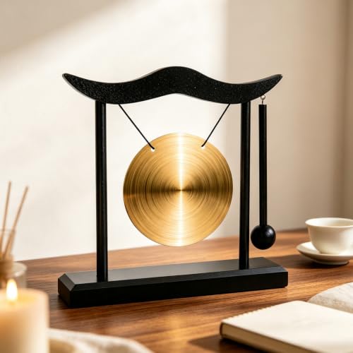 Zen Table Gong, Brass Desktop Meditation Gong with Wooden Frame and Mallet