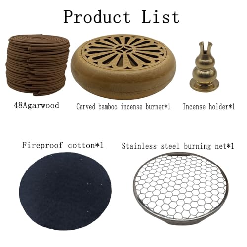 Coil Incense,Traditional spiraled,Perfect for Meditation Spaces,Living Rooms,or Any Indoor Area Where You Want to Create a Relaxing Atmosphere. (48Agarwood+Carved Bamboo Incense Burner) - color: 48agarwood+carved Bamboo Incense Burner
