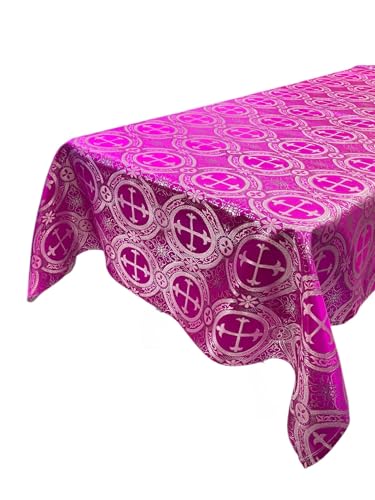 New Creations Fabric & Foam Inc, Rectangular Metallic Cross Brocade Jacquard Satin Tablecloth Overlay/Religious Brocade/Liturgical Fabric/Church. (Fuchsia-Silver, 60" x 72" Inches) - color: Fuchsia-silver
