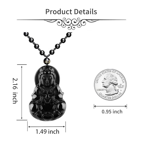 ASGIFT Black Obsidian Necklace Lucky Amulet Protection Pendant with Extended Bead Chain Healing Crystal Stone Talisman Necklaces Jewelry - color: GuanYin