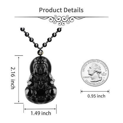 ASGIFT Black Obsidian Necklace Lucky Amulet Protection Pendant with Extended Bead Chain Healing Crystal Stone Talisman Necklaces Jewelry - color: GuanYin