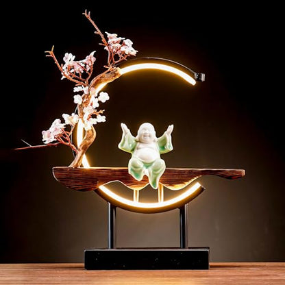 Houlu Fat Green Laughing Buddha Statue for Home Decor, Indoor Ceramic Good Luck Happy Buddha Statue with Artificial Tree and LED Circle Table Lamp