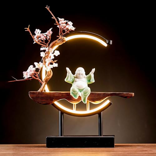 Houlu Fat Green Laughing Buddha Statue for Home Decor, Indoor Ceramic Good Luck Happy Buddha Statue with Artificial Tree and LED Circle Table Lamp