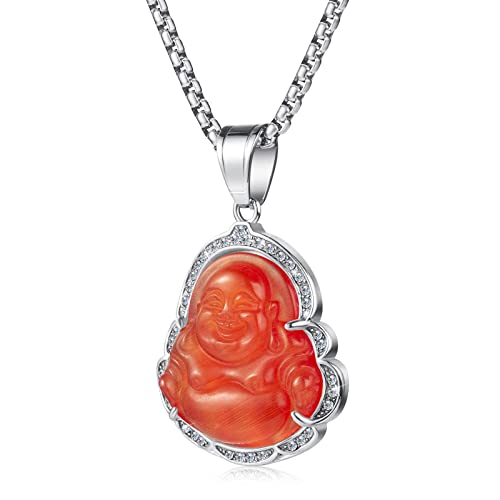 Lucky Laughing Buddha Pendant Chain Necklaces Amulet Jewelry for Men Women 60cm - color: Silver-Red