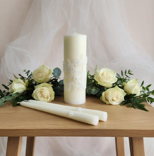 Hosley 11.5-Inch Wedding Unity Candle Set – Cream Pillar & 2 Taper Candles for Ceremony, Special Events, Emergency Kit, Reiki Spa Meditation - color: Cream