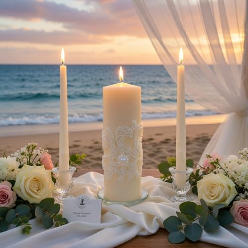 Hosley 11.5-Inch Wedding Unity Candle Set – Cream Pillar & 2 Taper Candles for Ceremony, Special Events, Emergency Kit, Reiki Spa Meditation - color: Cream