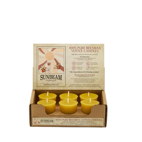 Sunbeam Candles 100% Pure Beeswax Votives | 6 Count Box | Long Burning 15-Hours Each | All Natural Non-Toxic Beeswax Prayer Candle