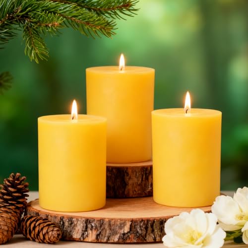 3 inch Wide Natural Yellow Beeswax Pillar Candles, 4 inch Tall - 3 Pack - size: 3x4 inch