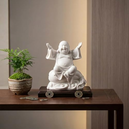 8.2" Ceramic Laughing Buddha, Feng Shui Decor White - color: White, size: 8.2INCH