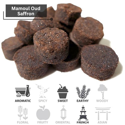 Mamoul Oud Saffron 80g (Pressed Resin Disks) | Use with Incense Coal or Electric Bukhoor Burner (Oud Charcoal) | Hair Bakhoor and Arabic Perfume for Women | Eid Gift Ideas and Islamic Gifts for Women