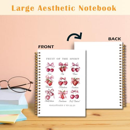 JINYO Coquette Pink Bow Cherry Strawberry Christian Notebook, Fruit of the Spirit Bible Notebook, Prayer Journal for Woman, Church Notes Journal, Scripture Spiral Notebooks 5.5x8.3 Inch - color: white Cherry Strawberry Christian Notebook