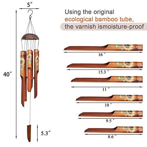 Bamboo Wind Chimes for Outside, Sunflower Wooden Wind Chime Memorial Gifts - size: 38" Sunflower