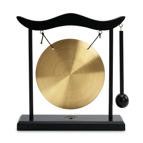 YOUEON Zen Table Gong with Wooden Frame and Mallet, Brass Desktop Meditation Gong Decor, Smooth Polished Copper Ornament for Home, Office, Yoga & Mindfulness Gift